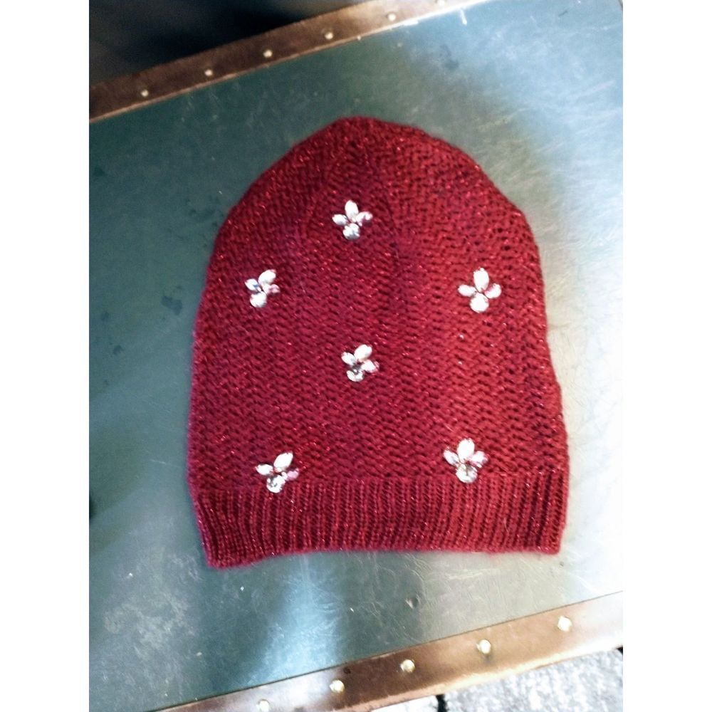 Knit red beanie hat with crystal flowers